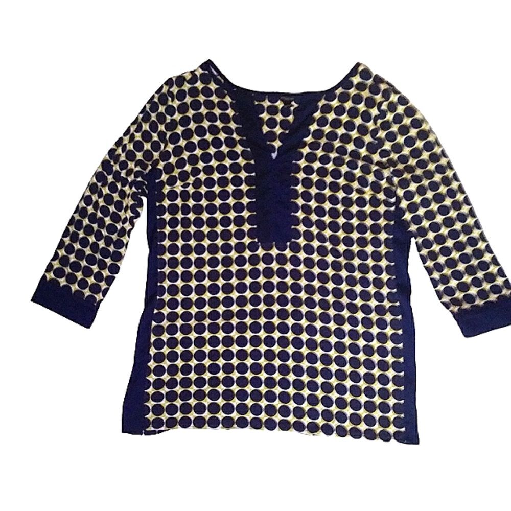 ANN TAYLOR Navy White Gold Polka Dot Top Medium